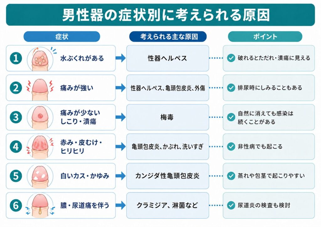 男性の性器がただれる原因は性病?ヘルペス・梅毒・亀頭包皮炎の症状と検査目安を医師が解説 - 東京検査クリニック五反田院|性感染症専門
